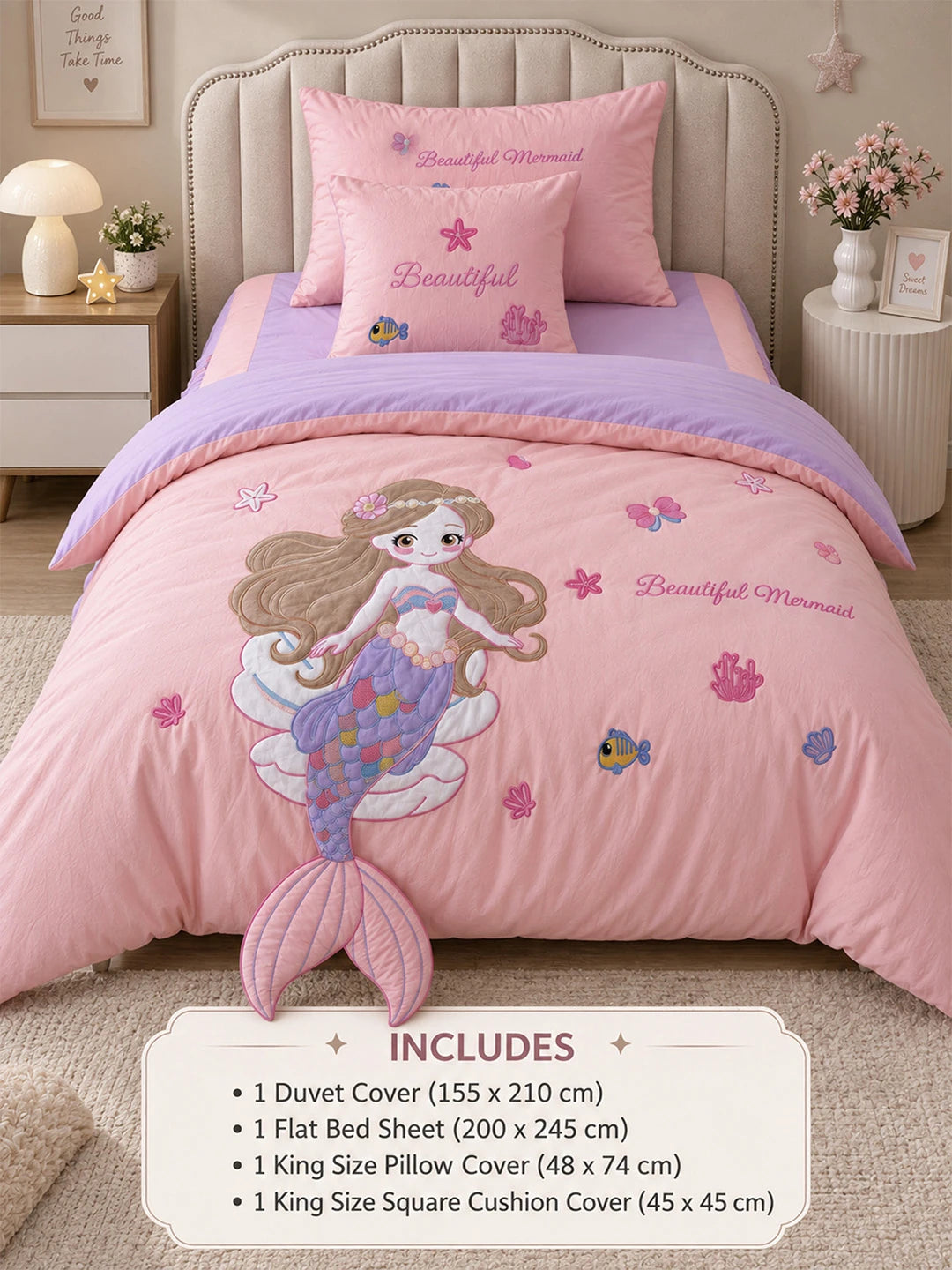 4 pcs Beautiful Mermaid Princess Theme Luxe Embroidered & 3D hanging collection of Single bed comforter, 1 flat bedsheet, 2 pillow covers entire Bedding Set for Single Size Bed.