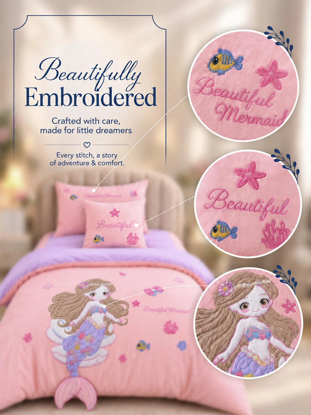 4 pcs Beautiful Mermaid Princess Theme Luxe Embroidered & 3D hanging collection of Single bed comforter, 1 flat bedsheet, 2 pillow covers entire Bedding Set for Single Size Bed.