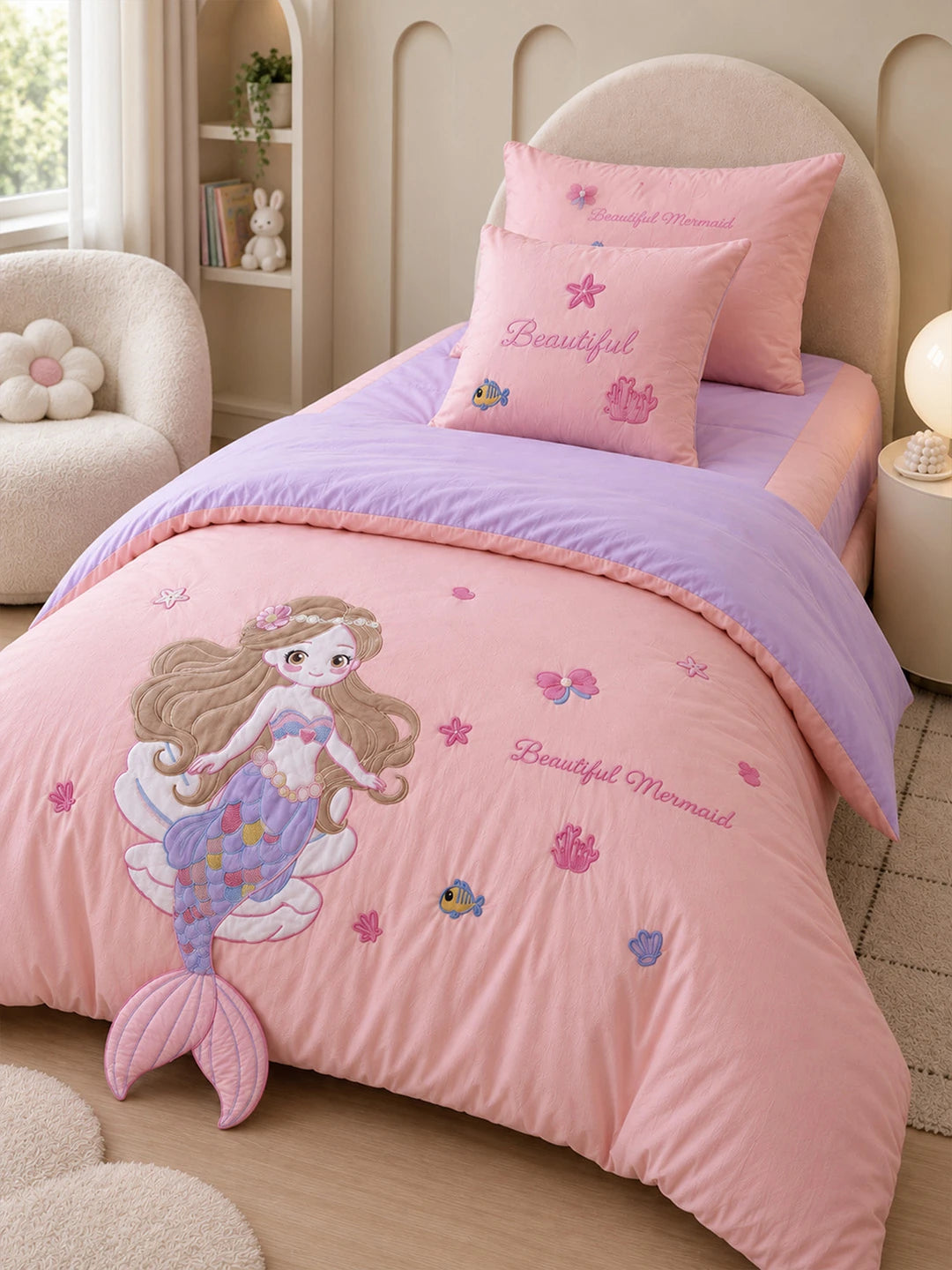 4 pcs Beautiful Mermaid Princess Theme Luxe Embroidered & 3D hanging collection of Single bed comforter, 1 flat bedsheet, 2 pillow covers entire Bedding Set for Single Size Bed.