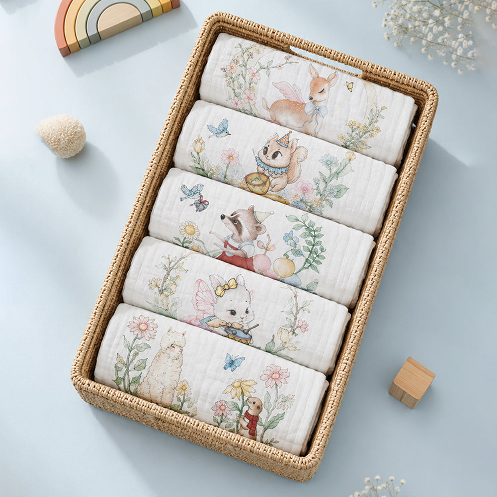 5 Pcs Enchanted Garden Animal theme super Soft Breathable Pure Muslin Cotton Napkins set
