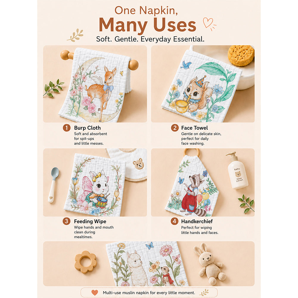5 Pcs Enchanted Garden Animal theme super Soft Breathable Pure Muslin Cotton Napkins set