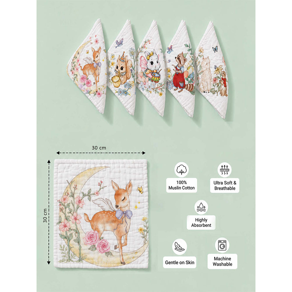 5 Pcs Enchanted Garden Animal theme super Soft Breathable Pure Muslin Cotton Napkins set
