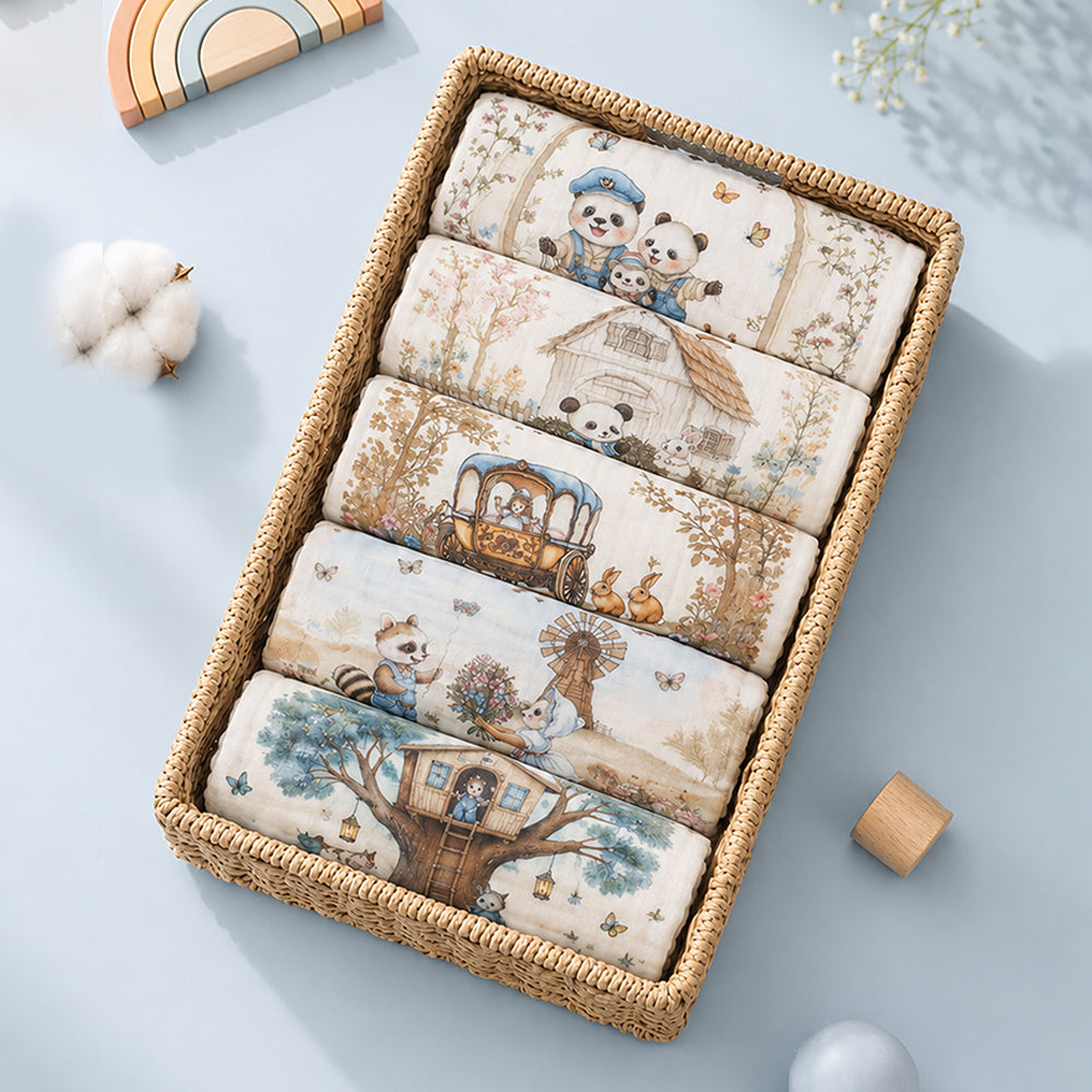 5 Pcs Vintage Panda Storybook theme super Soft Breathable Pure Muslin Cotton Napkins set