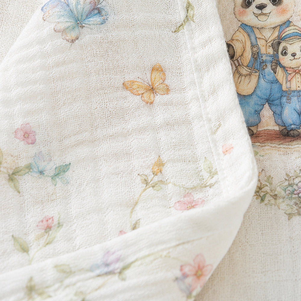 5 Pcs Vintage Panda Storybook theme super Soft Breathable Pure Muslin Cotton Napkins set