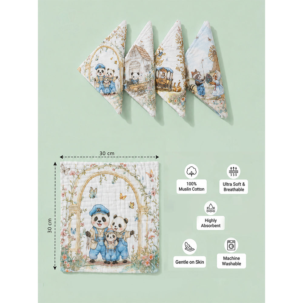 5 Pcs Vintage Panda Storybook theme super Soft Breathable Pure Muslin Cotton Napkins set