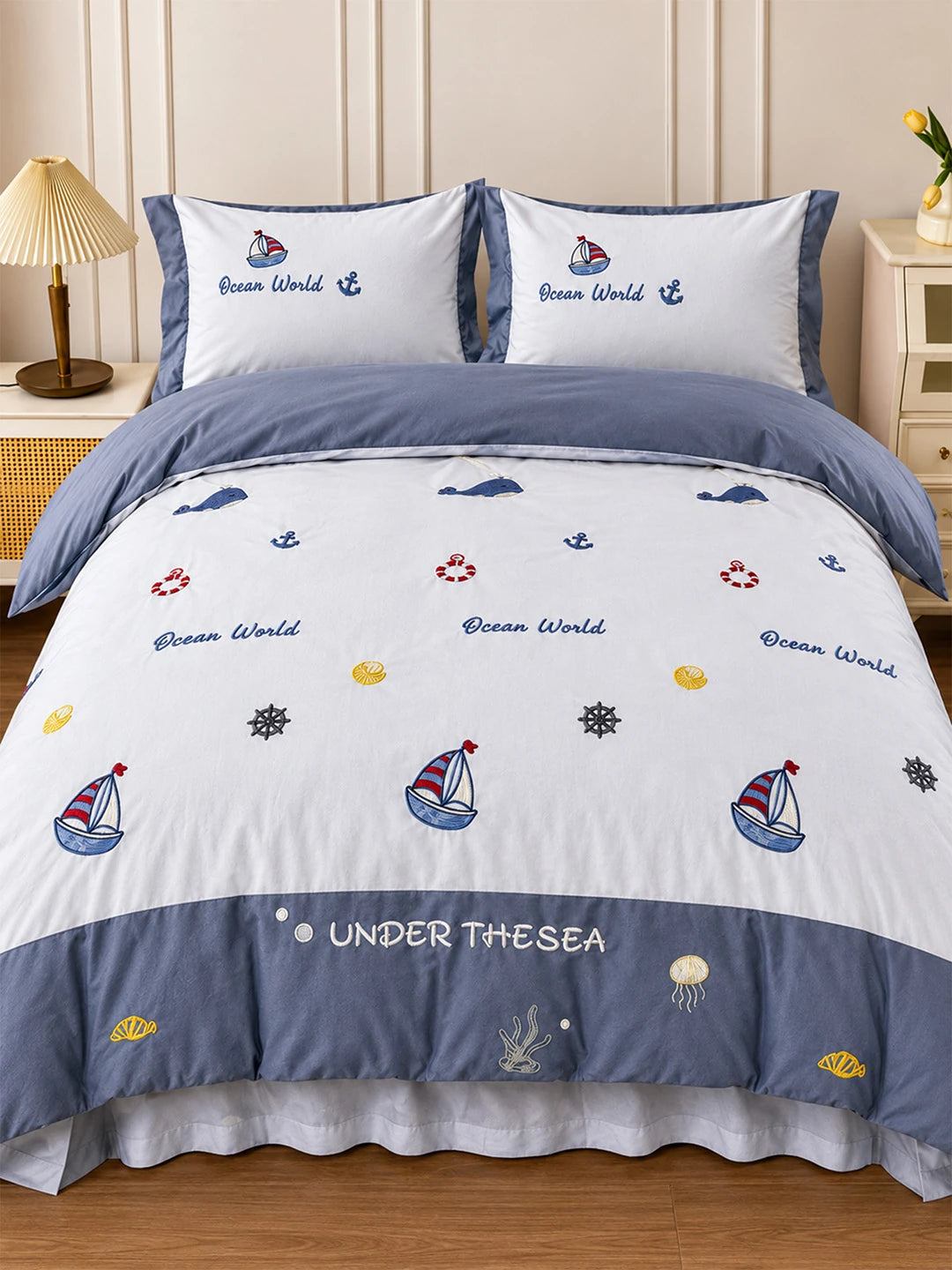 4 pcs Nautical theme, Luxe Embroidered collection of Double Bed Comforter, 1 flat bedsheet, 2 pillow covers entire Bedding Set for King Size Bed.