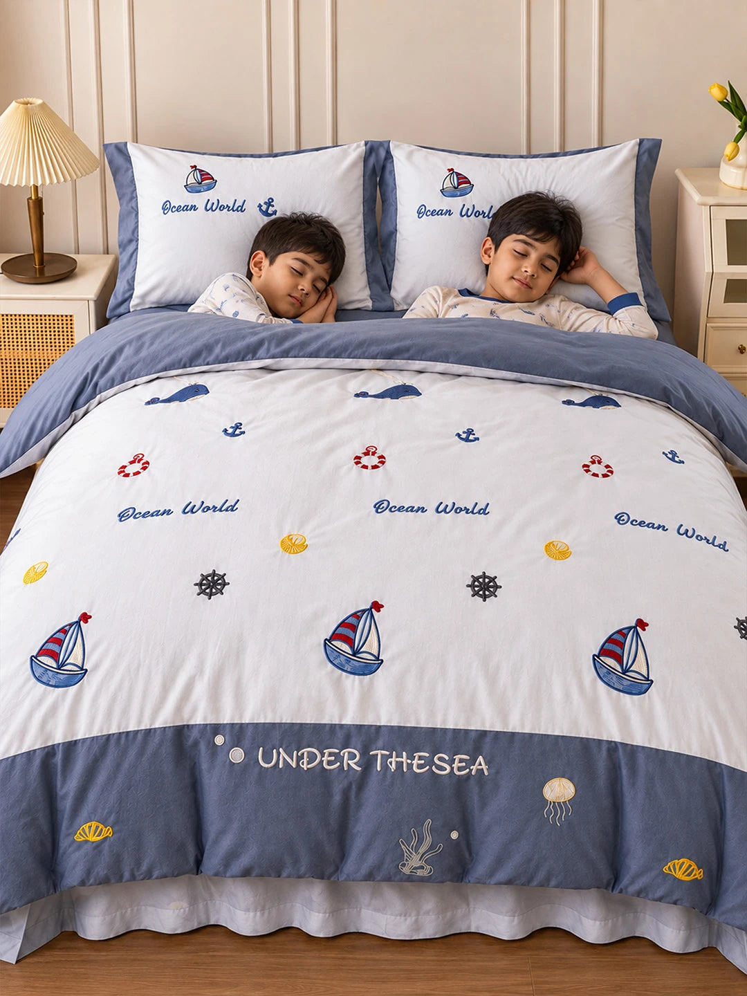 4 pcs Nautical theme, Luxe Embroidered collection of Double Bed Comforter, 1 flat bedsheet, 2 pillow covers entire Bedding Set for King Size Bed.