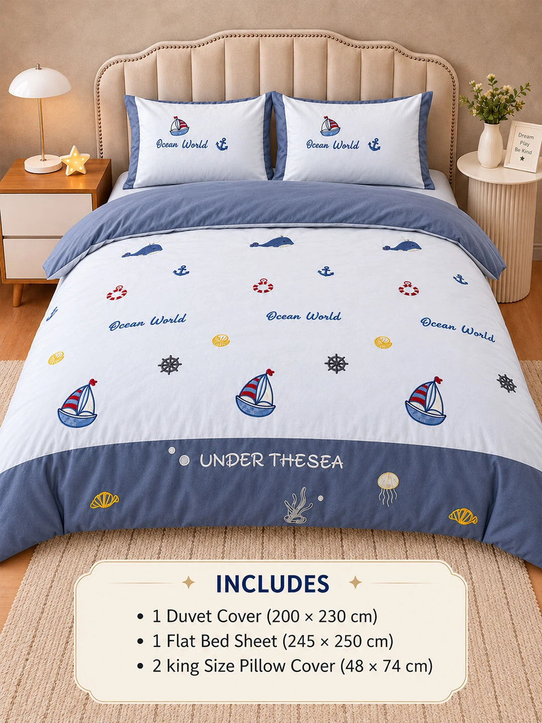 4 pcs Nautical theme, Luxe Embroidered collection of Double Bed Comforter, 1 flat bedsheet, 2 pillow covers entire Bedding Set for King Size Bed.