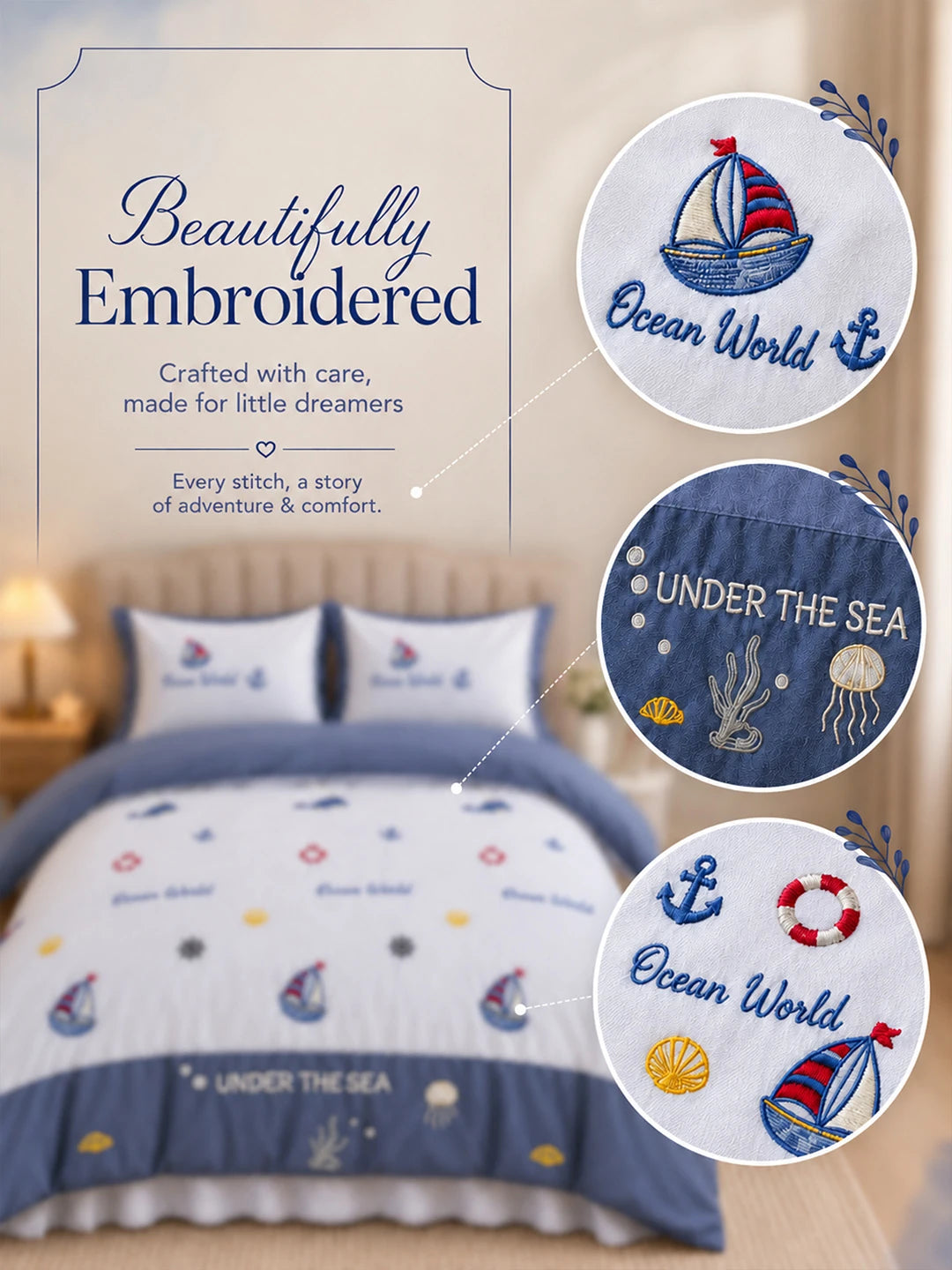 4 pcs Nautical theme, Luxe Embroidered collection of Double Bed Comforter, 1 flat bedsheet, 2 pillow covers entire Bedding Set for King Size Bed.