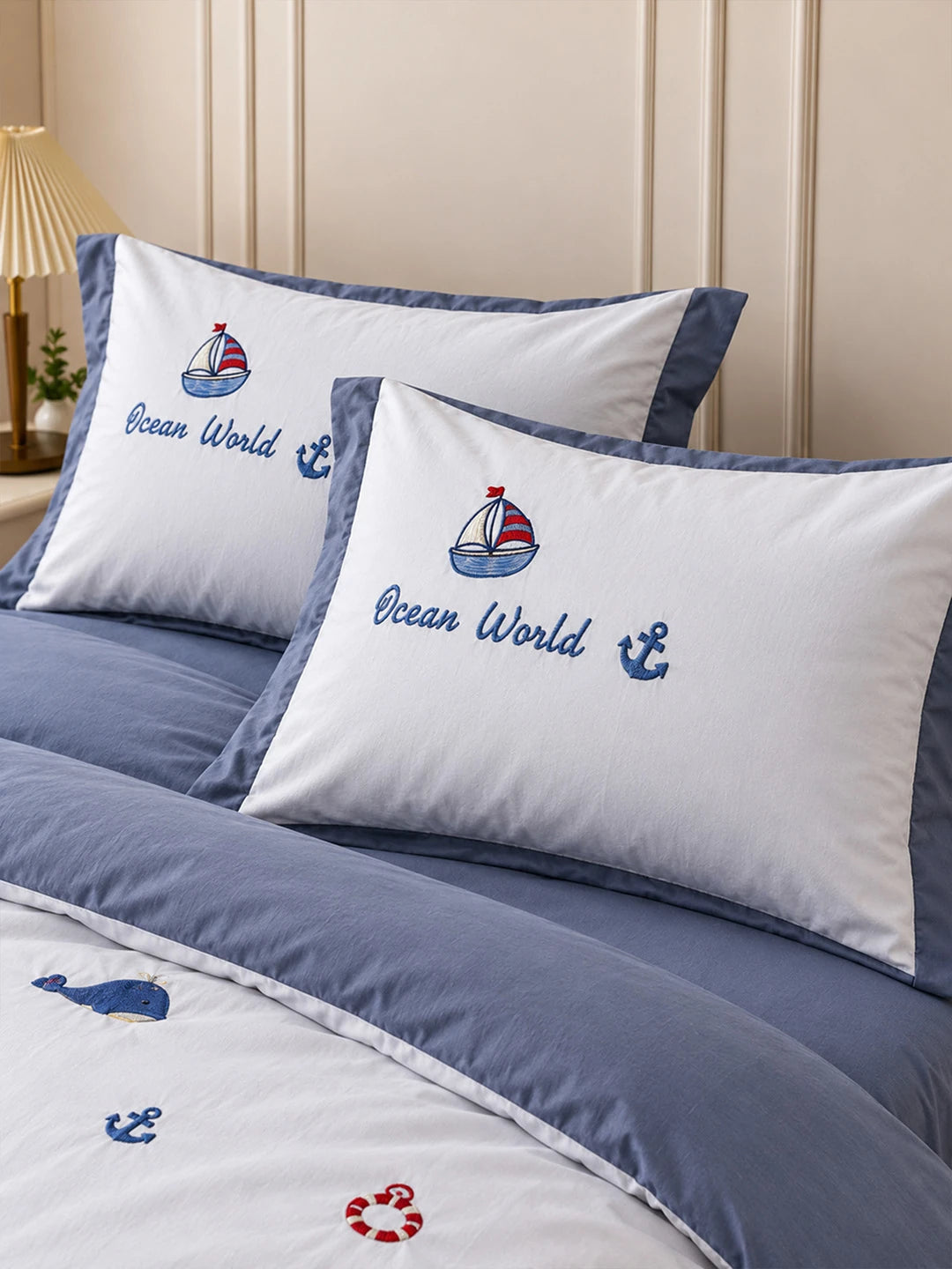 4 pcs Nautical theme, Luxe Embroidered collection of Double Bed Comforter, 1 flat bedsheet, 2 pillow covers entire Bedding Set for King Size Bed.