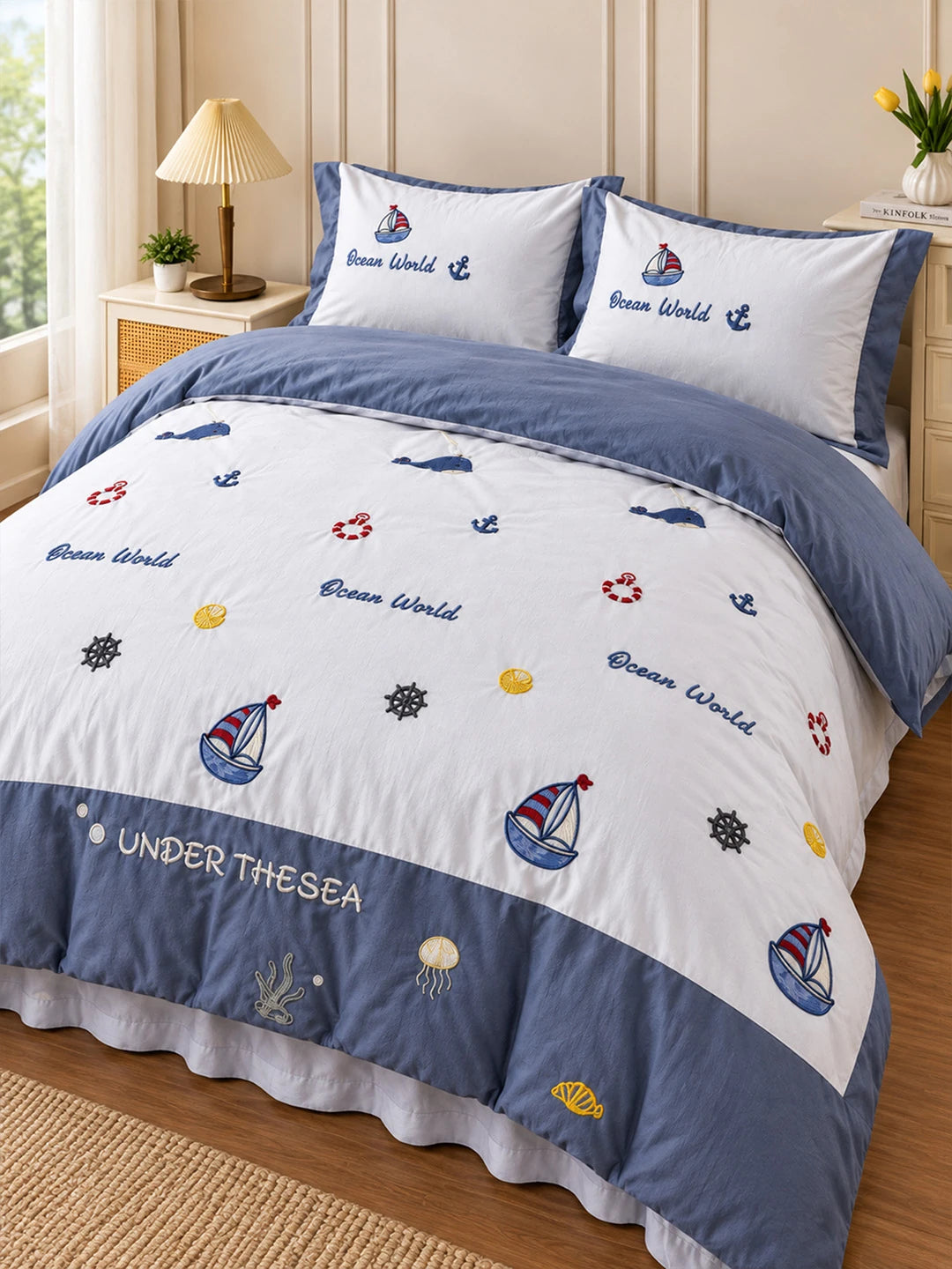 4 pcs Nautical theme, Luxe Embroidered collection of Double Bed Comforter, 1 flat bedsheet, 2 pillow covers entire Bedding Set for King Size Bed.