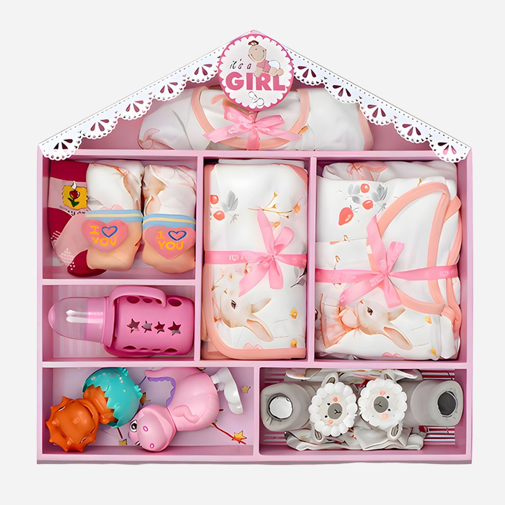 Newborn Baby Girl Wooden Dollhouse Gift Hamper (0-12 months)