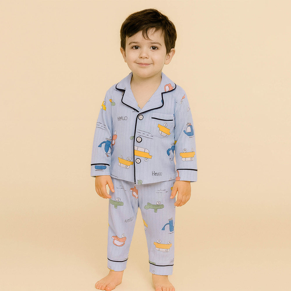 Blue Car & Plane print soft cotton Kids nightsuit
