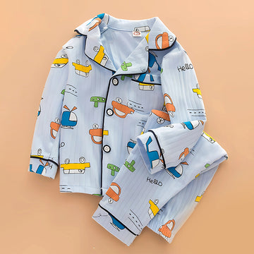 Blue Car & Plane print soft cotton Kids nightsuit