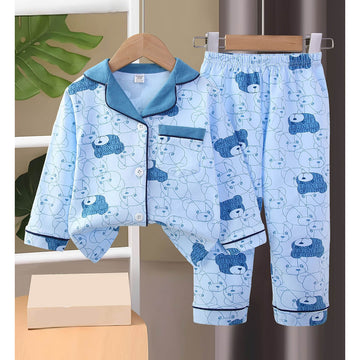 Blue Teddy Face soft Cotton Kids Nightsuit
