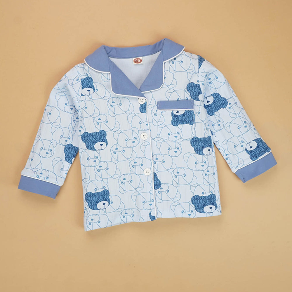 Blue Teddy Face soft Cotton Kids Nightsuit