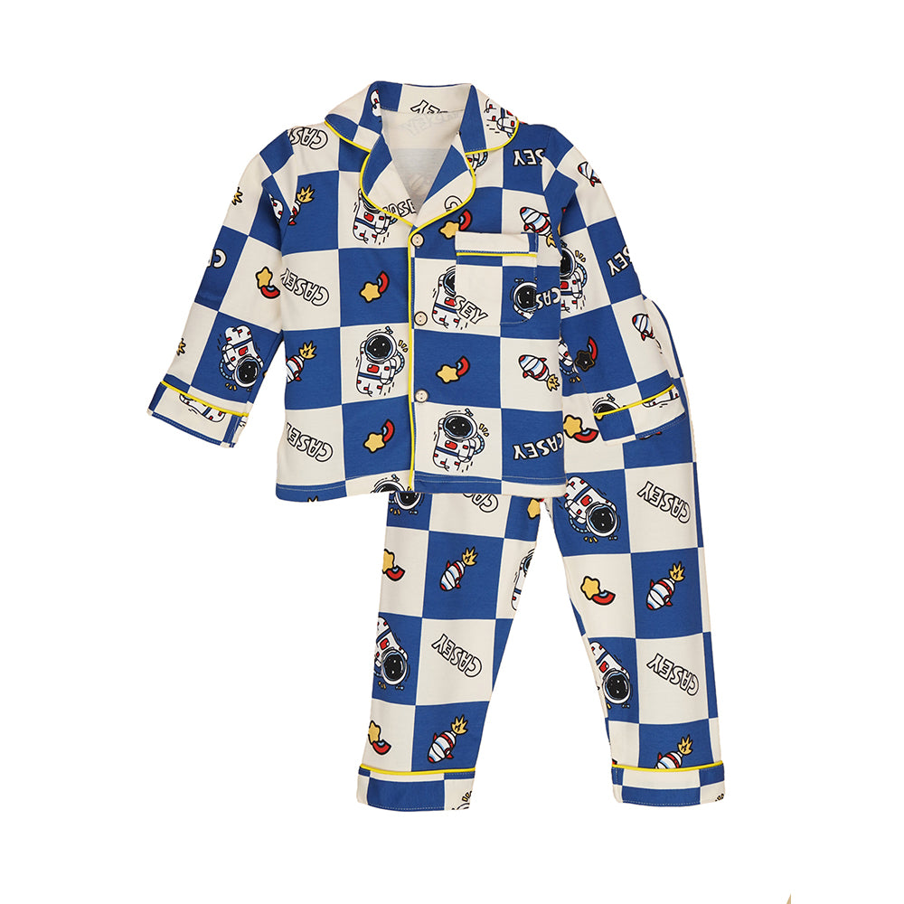 Blue & White checkered Space  soft Cotton Kids Nightsuit