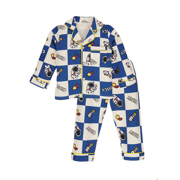 Blue & White checkered Space  soft Cotton Kids Nightsuit