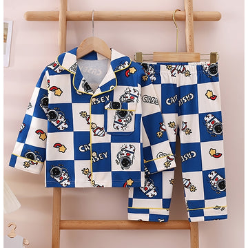 Blue & White checkered Space  soft Cotton Kids Nightsuit