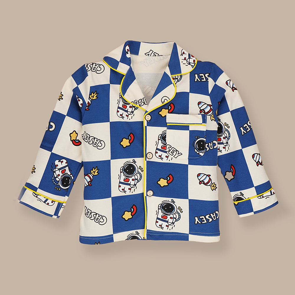 Blue & White checkered Space  soft Cotton Kids Nightsuit