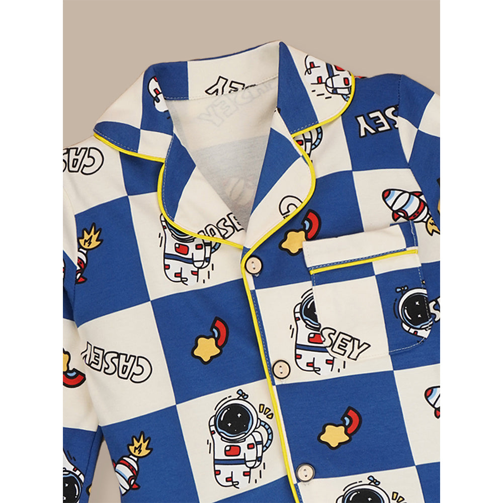 Blue & White checkered Space  soft Cotton Kids Nightsuit