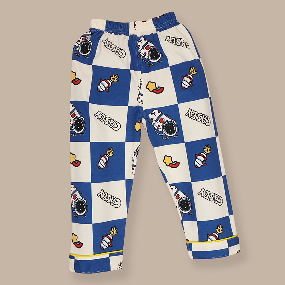 Blue & White checkered Space  soft Cotton Kids Nightsuit