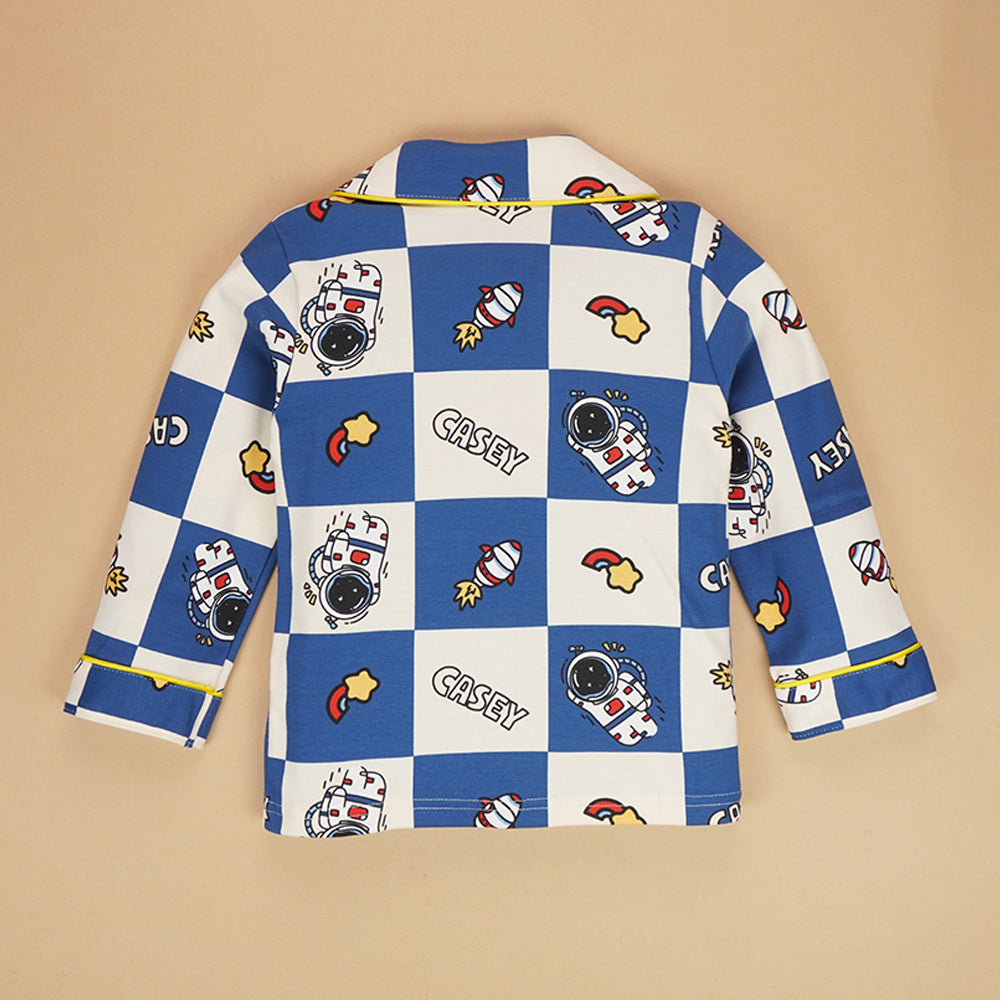Blue & White checkered Space  soft Cotton Kids Nightsuit