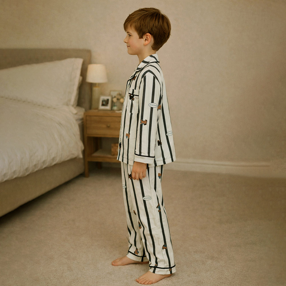 Dark Brown Striped Cotton Nightsuit for kids