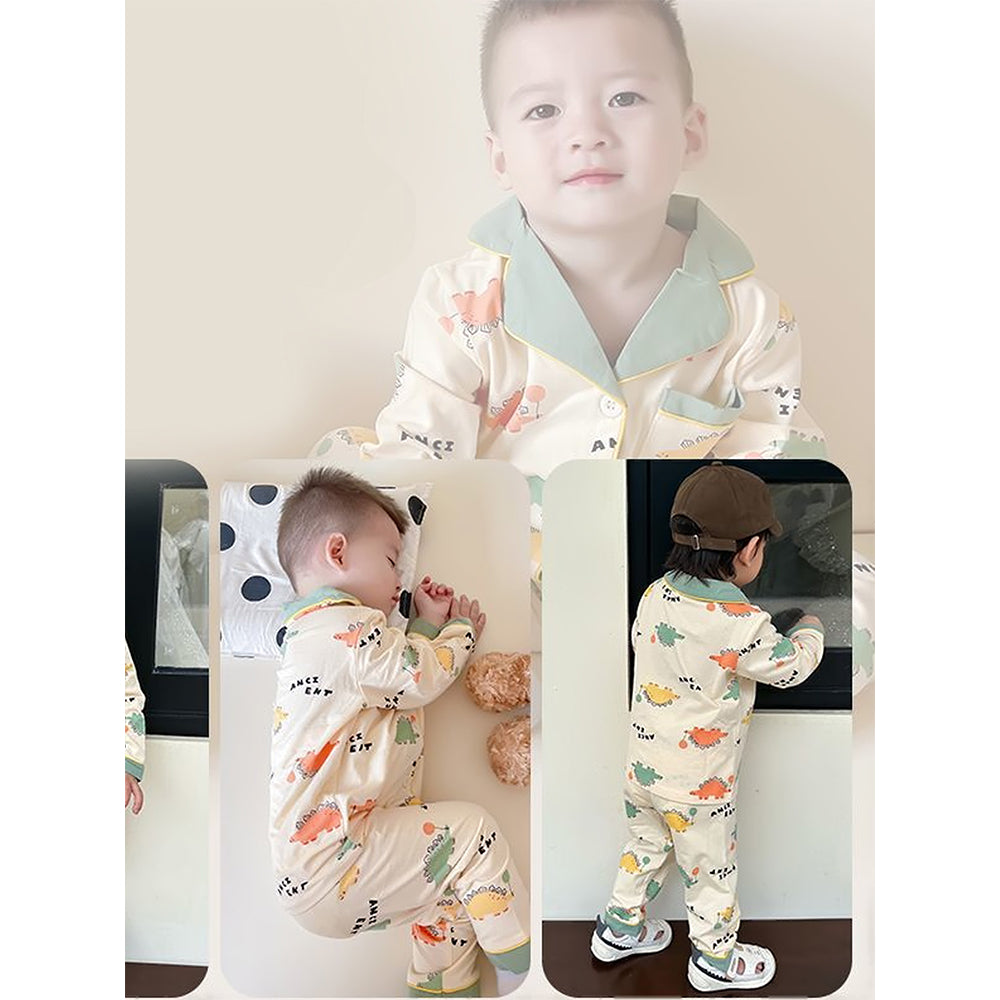 Baloon Dinosaur Olive & Cream soft Cotton Kids Nightsuit