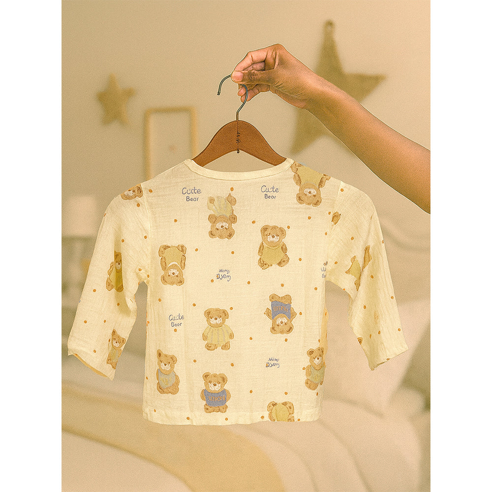 Mustard and Blue Ted, Organic Crushed soft Muslin Cotton Kids Nightsuit