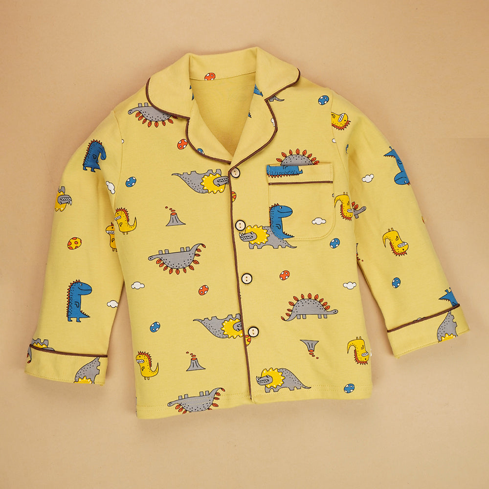 Mustard Brown Dino soft Cotton Kids Nightsuit