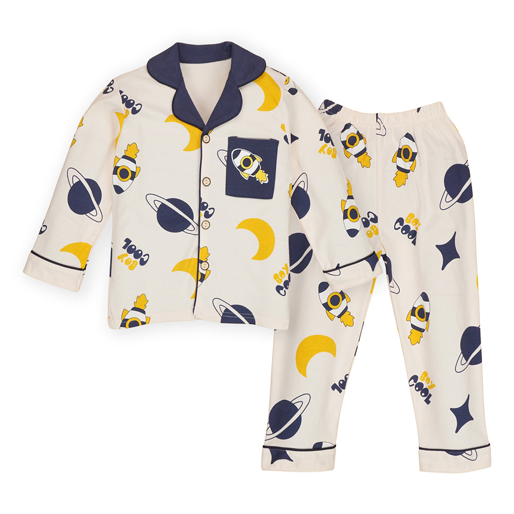 Planets Cream and Navy soft Cotton Kids Nightsuit
