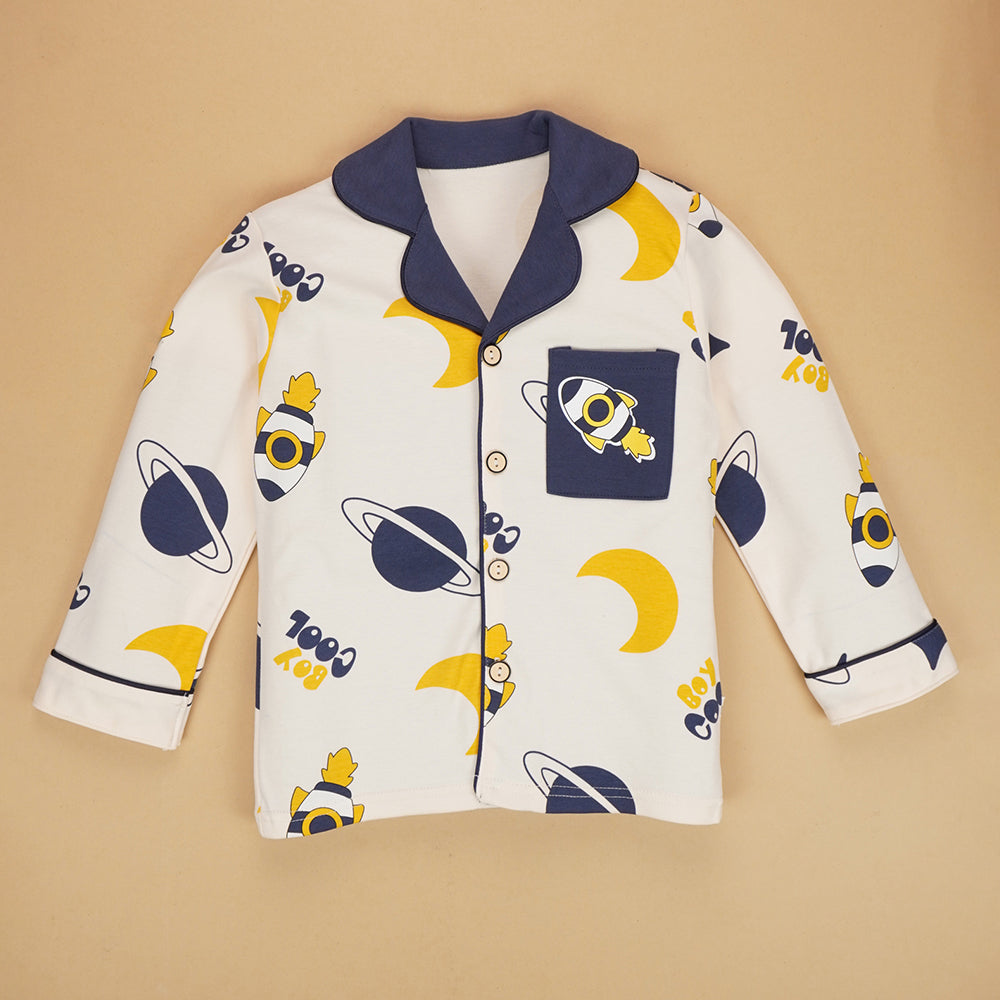 Planets Cream and Navy soft Cotton Kids Nightsuit