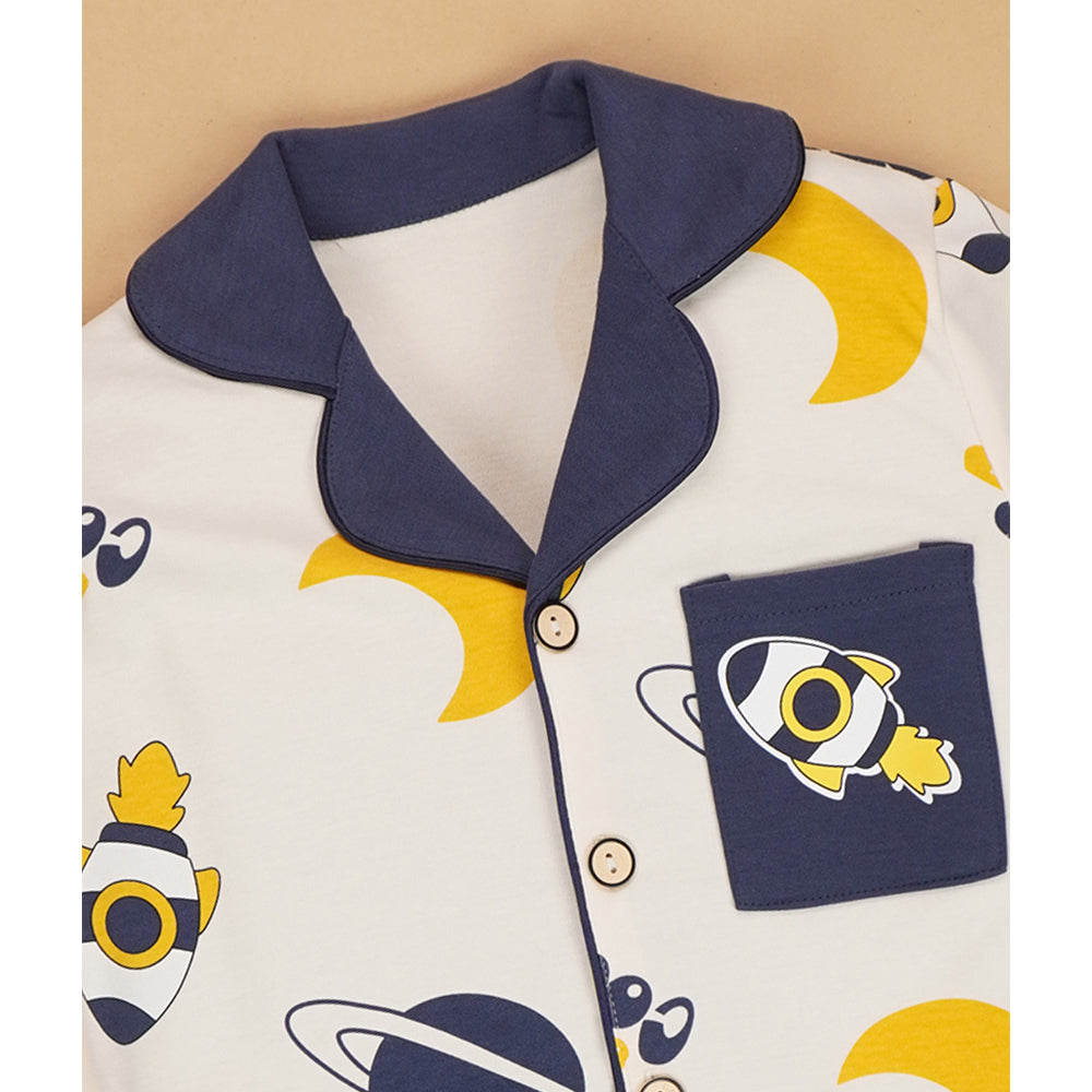 Planets Cream and Navy soft Cotton Kids Nightsuit