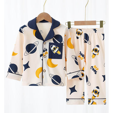 Planets Cream and Navy soft Cotton Kids Nightsuit
