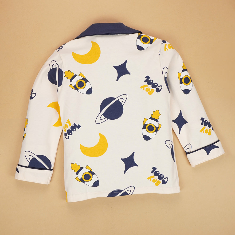 Planets Cream and Navy soft Cotton Kids Nightsuit