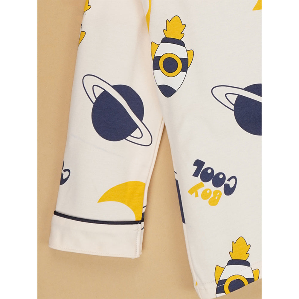 Planets Cream and Navy soft Cotton Kids Nightsuit
