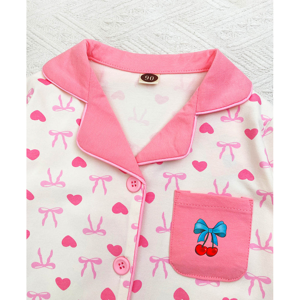 Pink Bow Cherry soft Cotton Kids Nightsuit