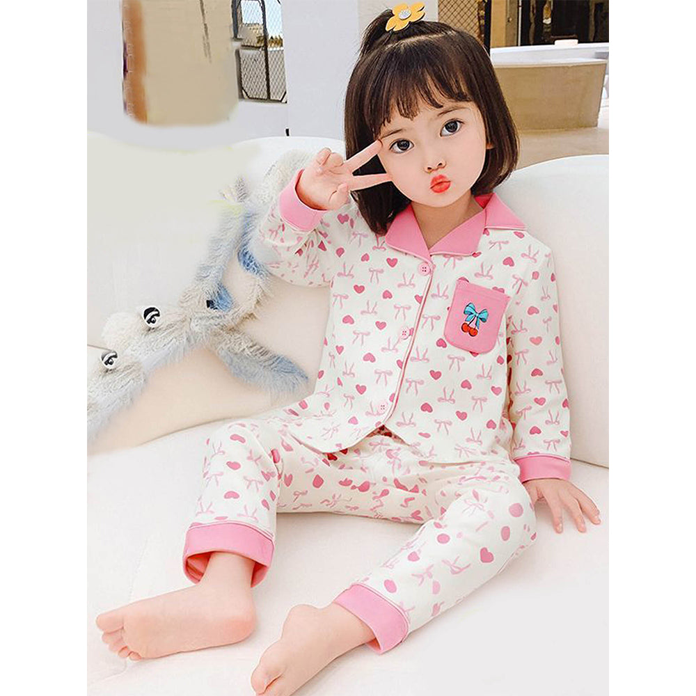 Pink Bow Cherry soft Cotton Kids Nightsuit