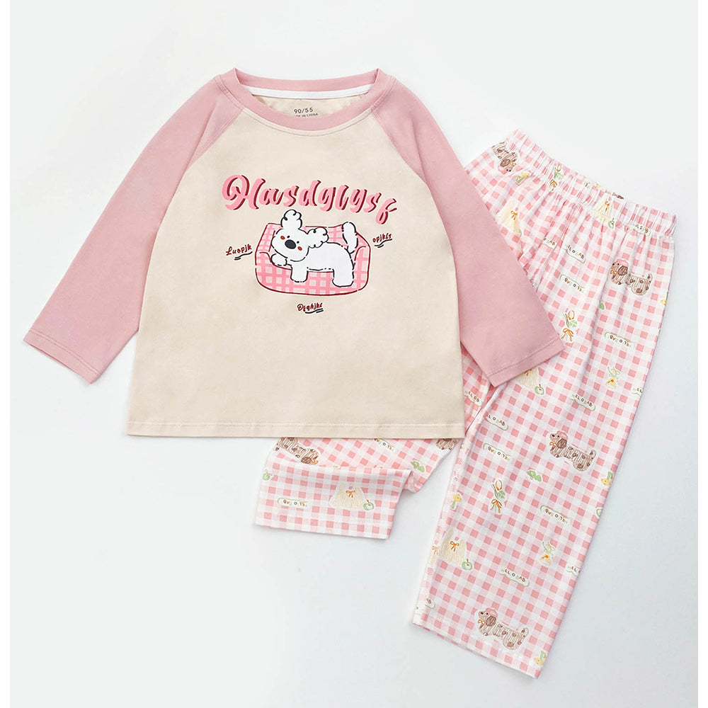 Pink Checks Puppy soft Cotton Kids Nightsuit