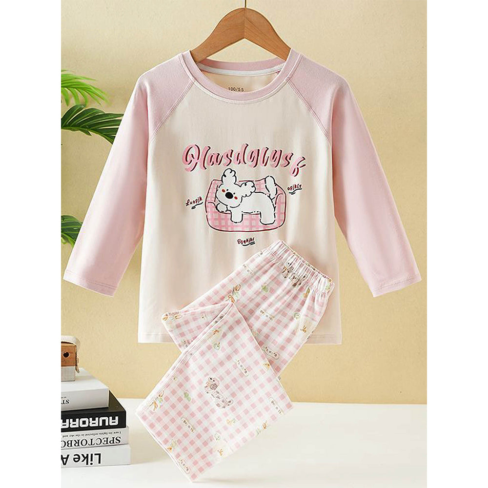 Pink Checks Puppy soft Cotton Kids Nightsuit