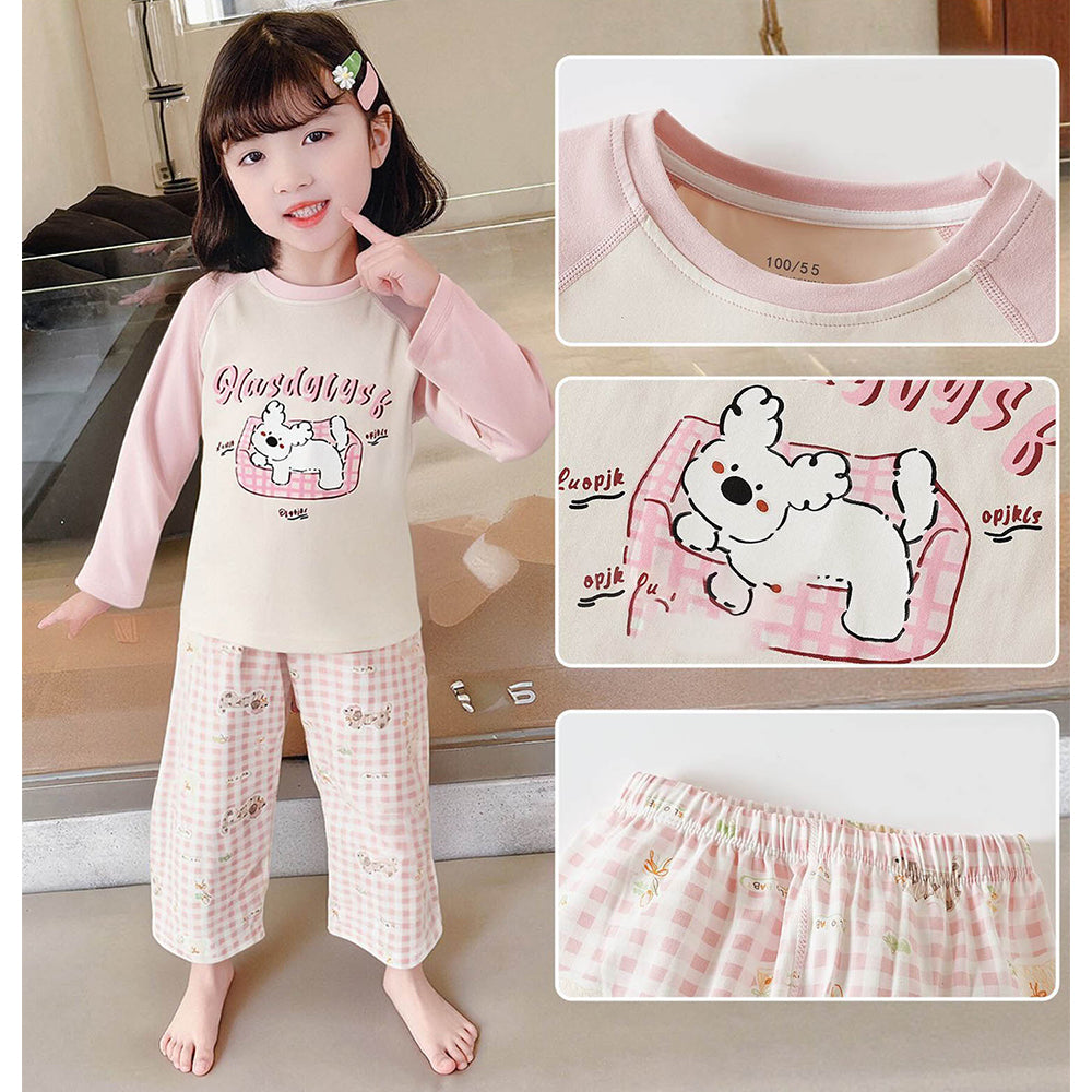 Pink Checks Puppy soft Cotton Kids Nightsuit