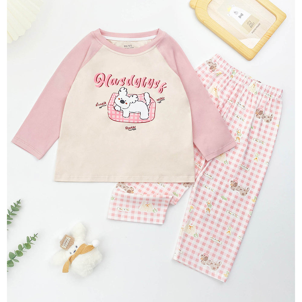 Pink Checks Puppy soft Cotton Kids Nightsuit