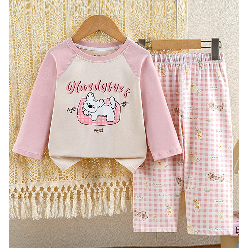 Pink Checks Puppy soft Cotton Kids Nightsuit