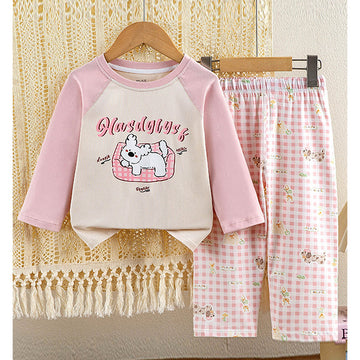 Pink Checks Puppy soft Cotton Kids Nightsuit