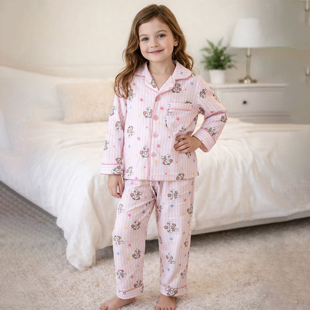 Pink Striped Puppy & Stars Cotton Nightsuit for Kids