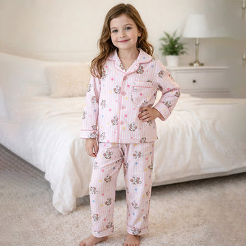 Pink Striped Puppy & Stars Cotton Nightsuit for Kids
