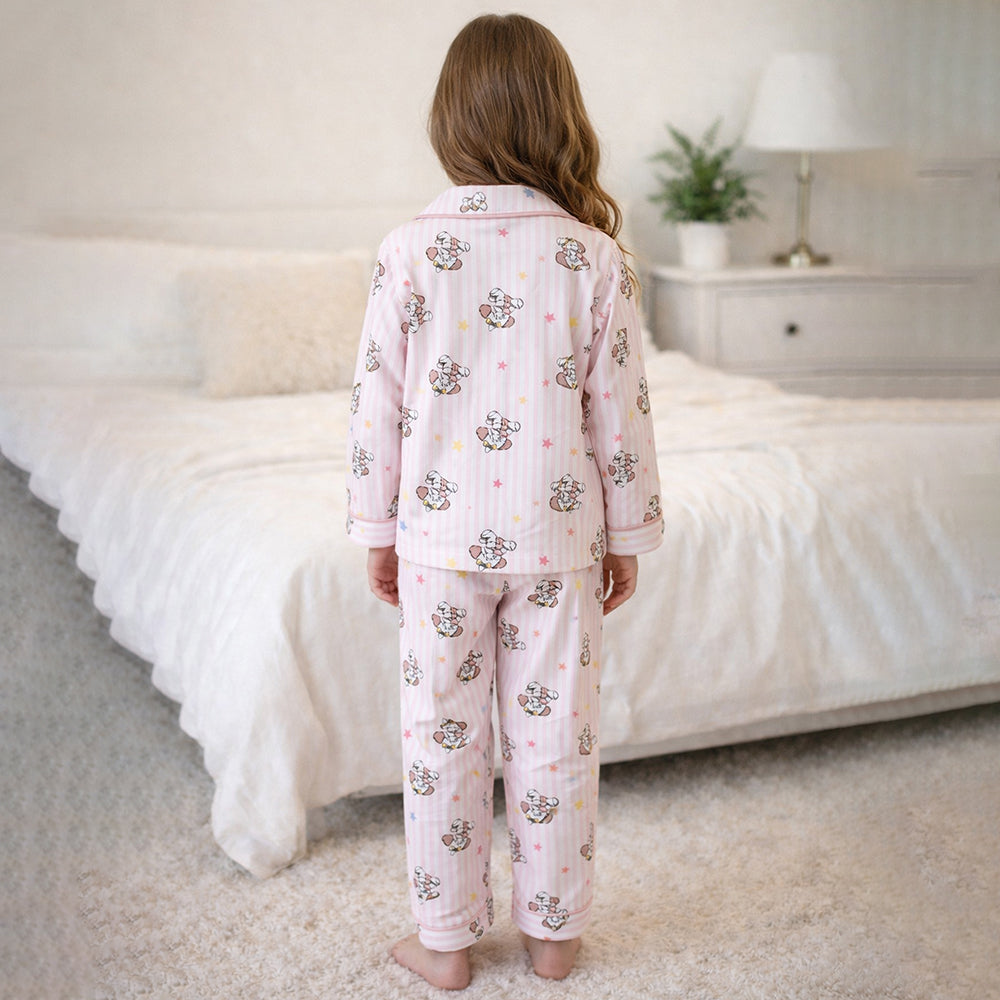 Pink Striped Puppy & Stars Cotton Nightsuit for Kids