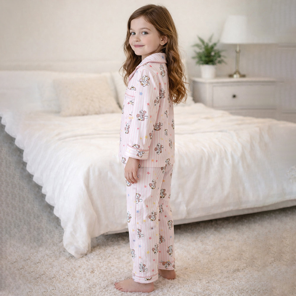 Pink Striped Puppy & Stars Cotton Nightsuit for Kids