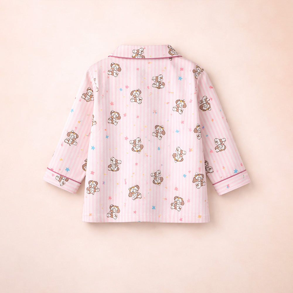 Pink Striped Puppy & Stars Cotton Nightsuit for Kids